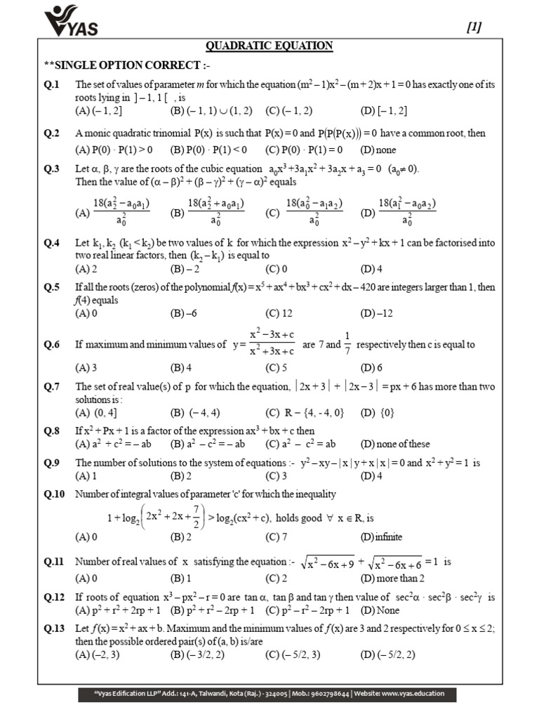 Quadratic Equation Practice Questions | PDF | Equations | Elementary ...