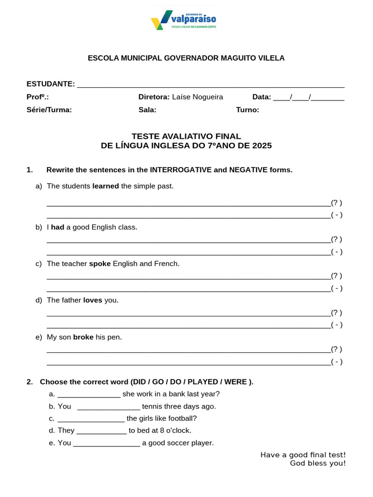 7th Grade English Final Test 2025 | PDF
