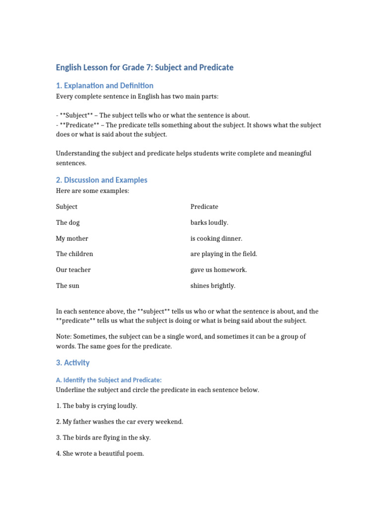 Grade 7 English: Subject and Predicate Guide | PDF