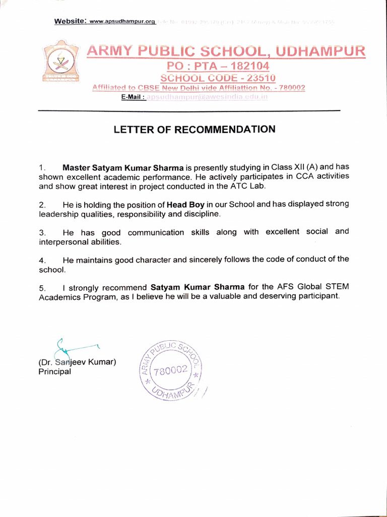 Recommendation for Satyam Kumar Sharma | PDF