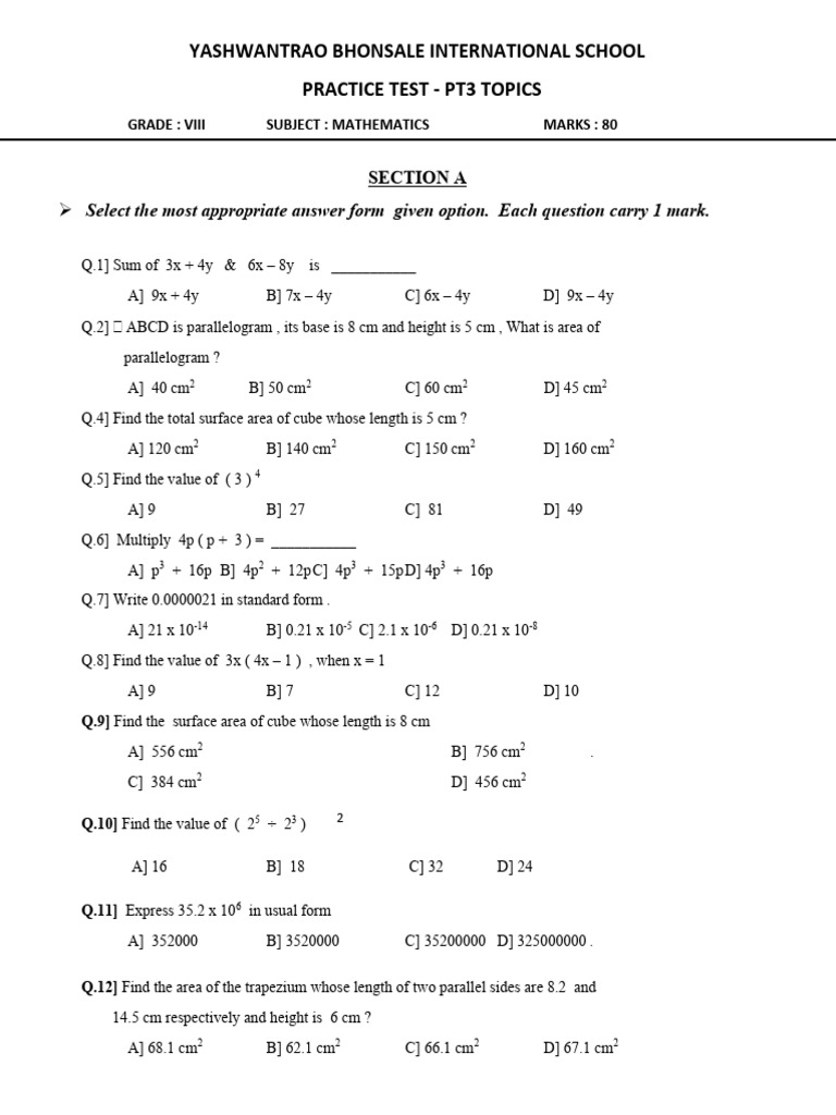 Grade 8 Math Practice Test PT3 | PDF | Area | Length