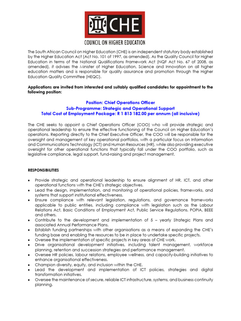 Chief Operations Officer Position at CHE | PDF | Human Resource ...