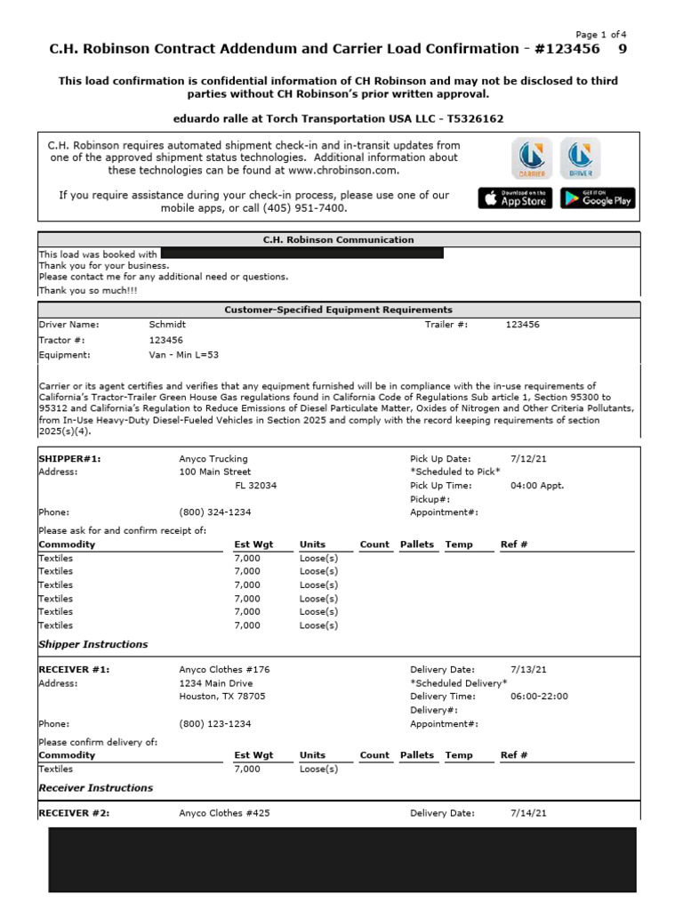 C.H. Robinson Load Confirmation Details | PDF | Cargo | Credit Card