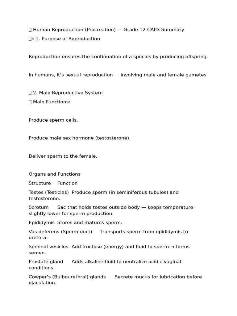 Human Reproduction Summary for Grade 12 | PDF | Human Reproduction ...
