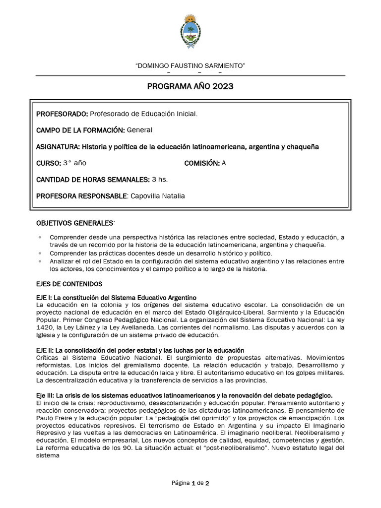 Inicial 3 Capovilla Historia de La Educacion Programa 2023 (3) | PDF ...