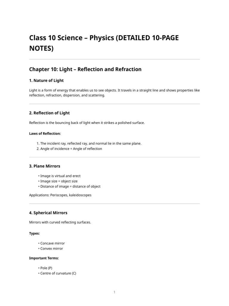 Class 10 Physics: Light & Electricity Notes | PDF | Mirror | Optics