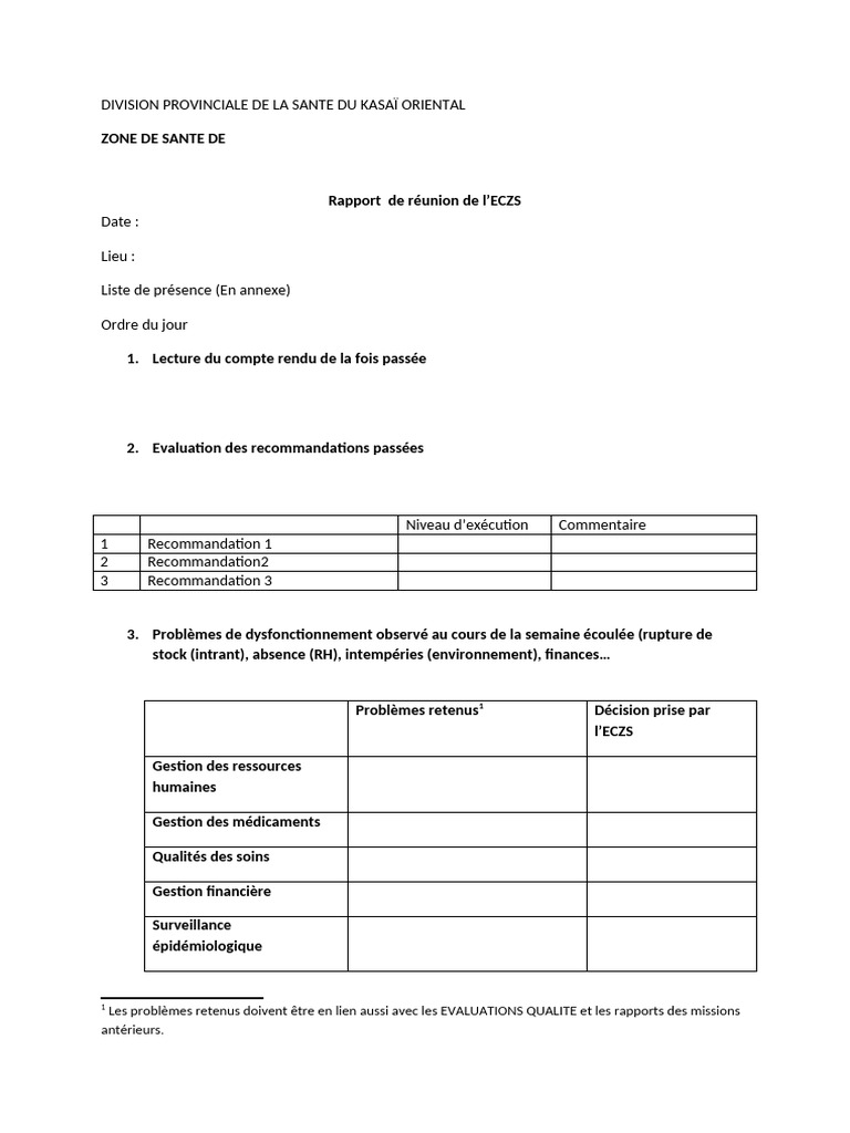 Rapport de réunion ECZS Kasaï Oriental | PDF