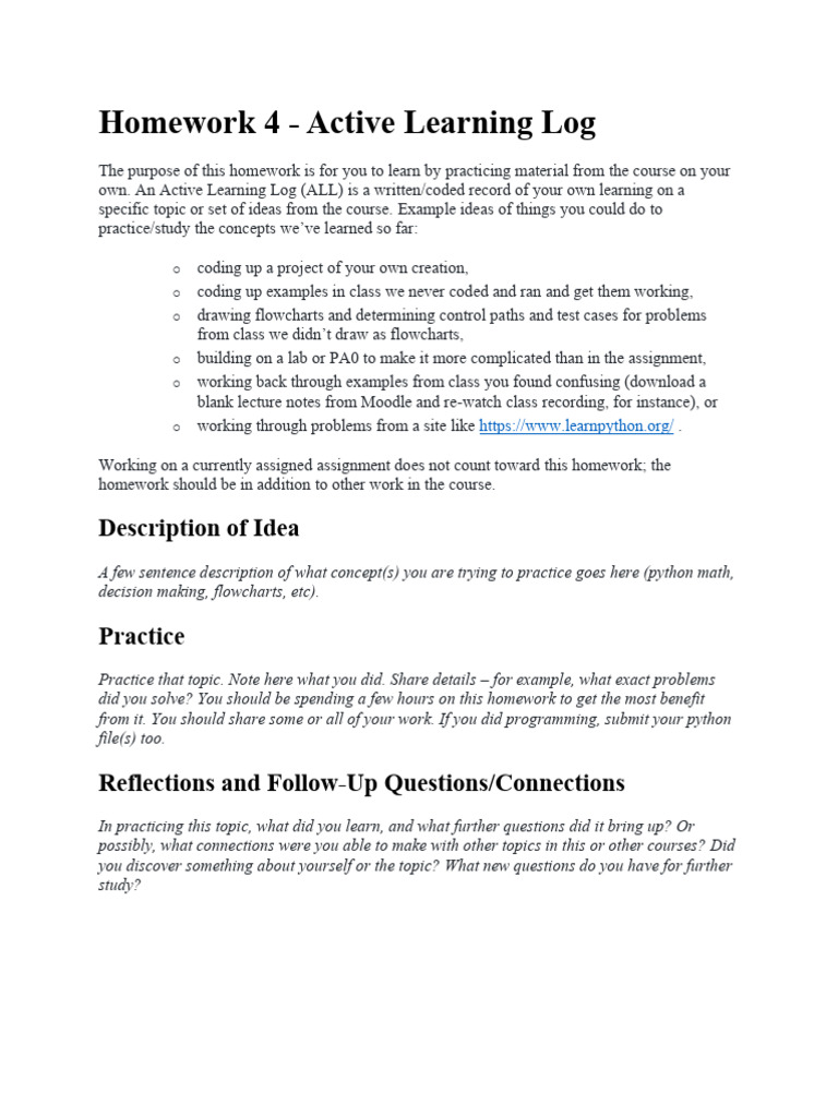 Active Learning Log Homework Guide | PDF
