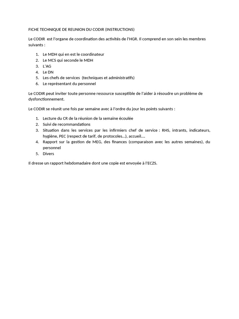 Réunion CODIR : Fiche Technique et Instructions | PDF