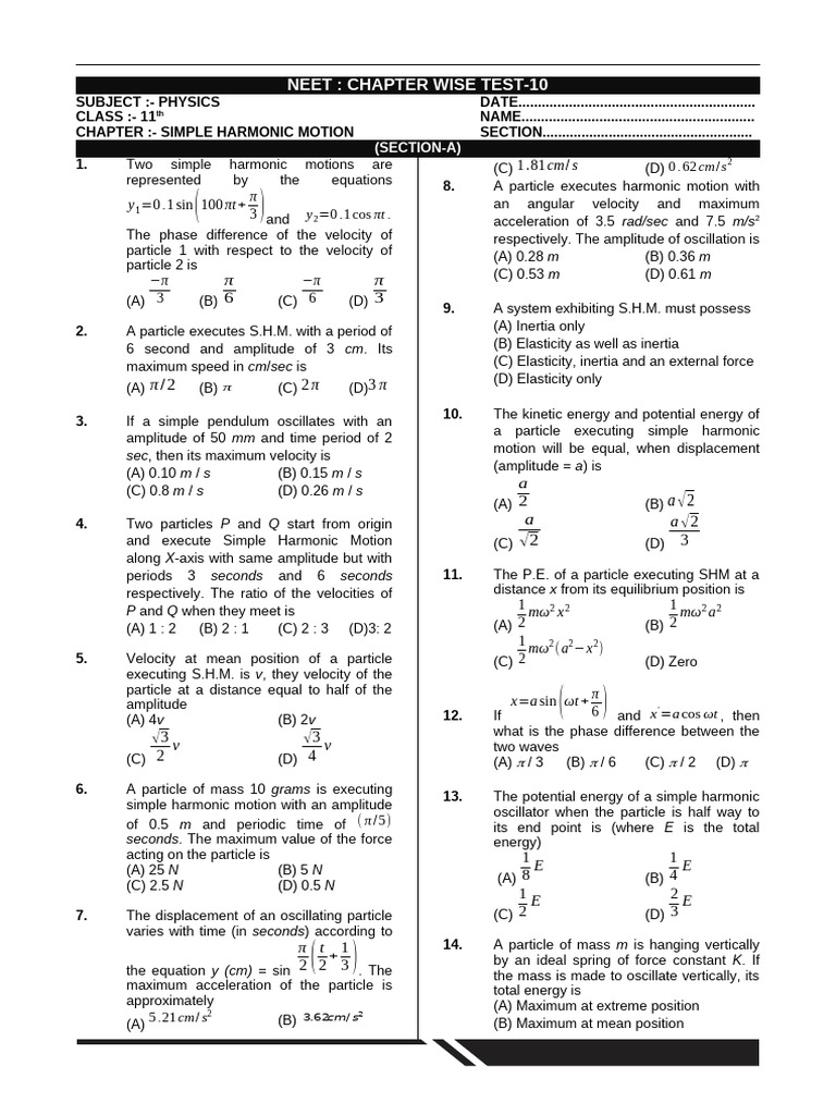 NEET Physics SHM Test 10 | PDF | Oscillation | Quantity