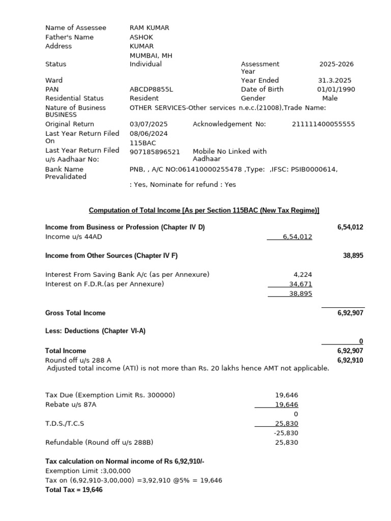 Income Tax Assessment Summary 2025-26 | PDF | Tax Refund | Public Finance