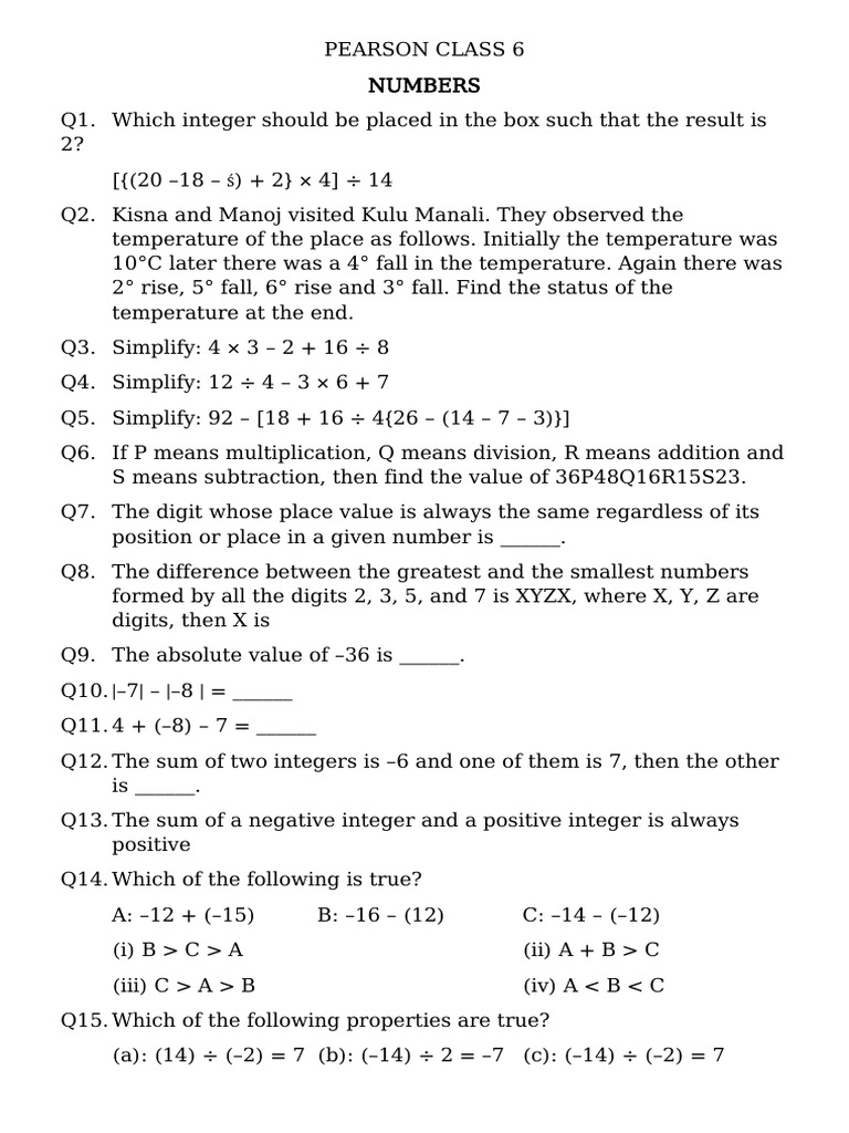 Class 6 Math Questions on Numbers and Operations | PDF | Elementary ...
