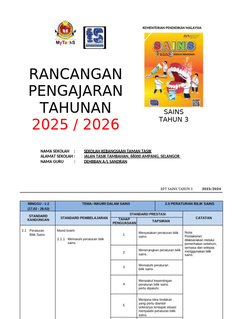 RPT Sains Tahun 3 2025/2026 Malaysia | PDF