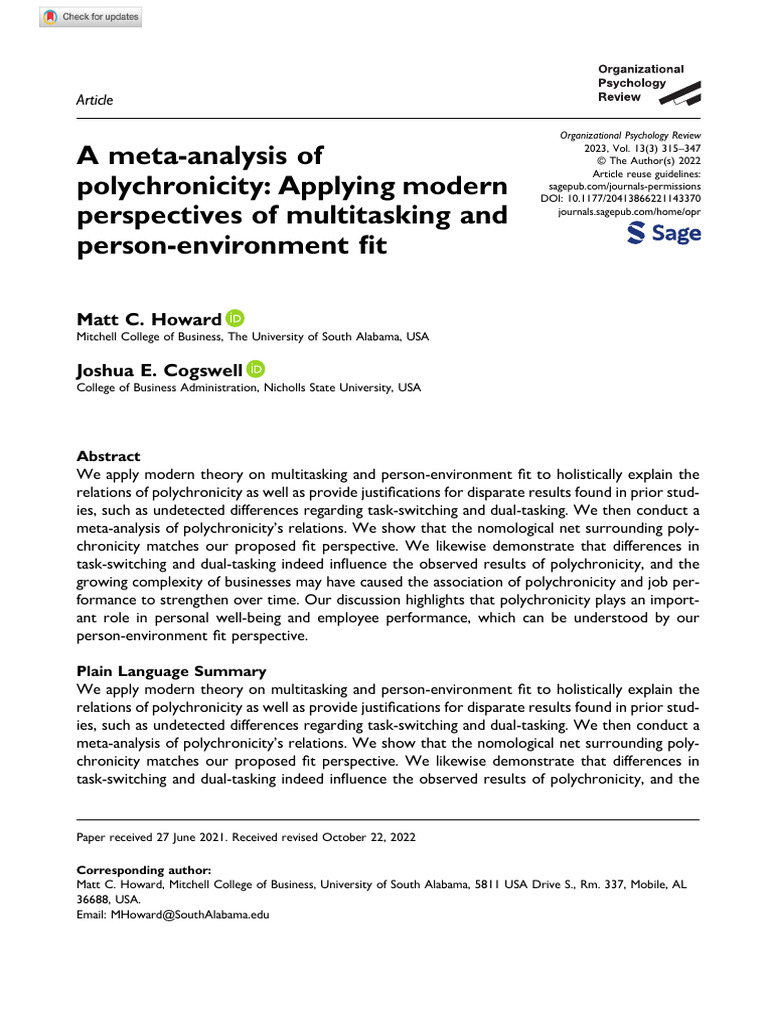 Howard Cogswell 2022 a Meta Analysis of Polychronicity Applying Modern ...