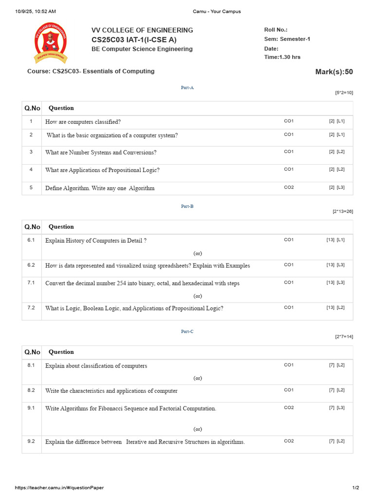 CS25C03 Computing IAT-1 Exam Questions | PDF | Computer Programming ...