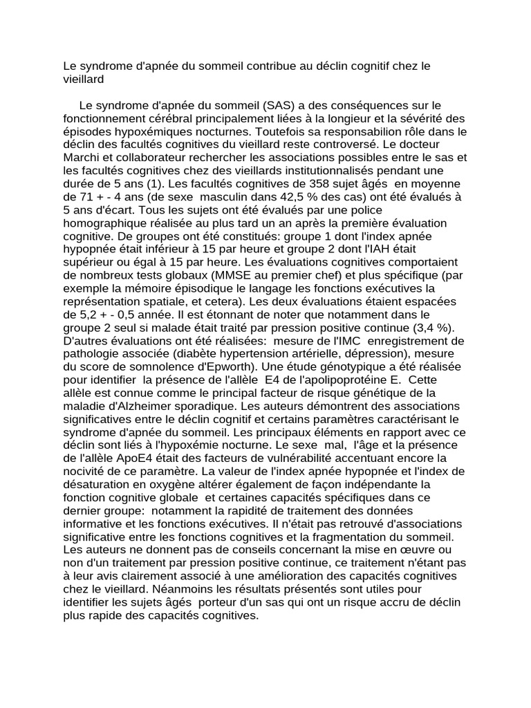 Apnée du sommeil et déclin cognitif chez les âgés | PDF | Syndrome d ...