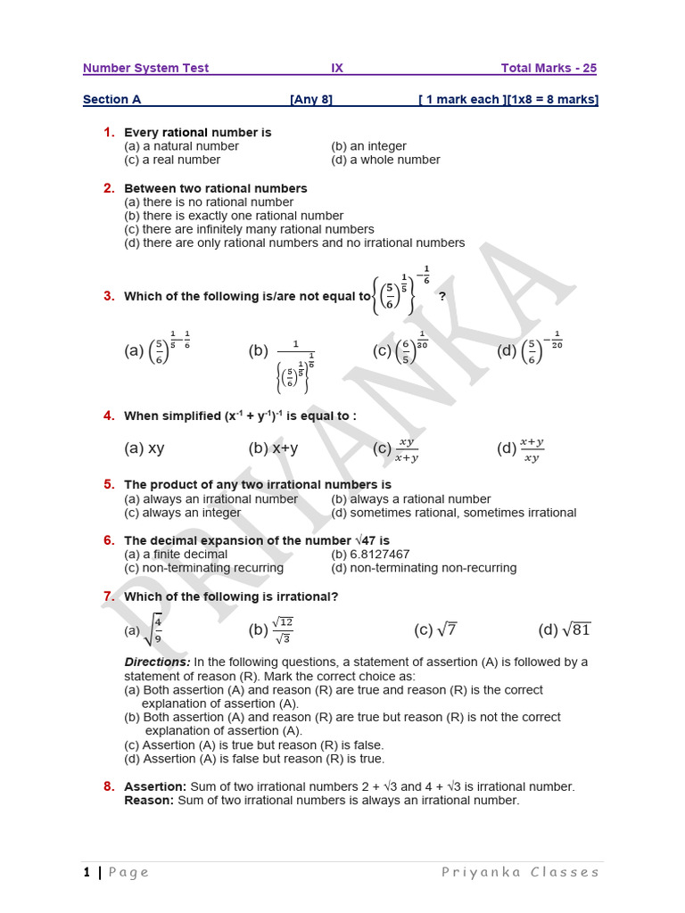 NumberSystem_ix_test 2 25-26 | PDF | Numbers | Rational Number
