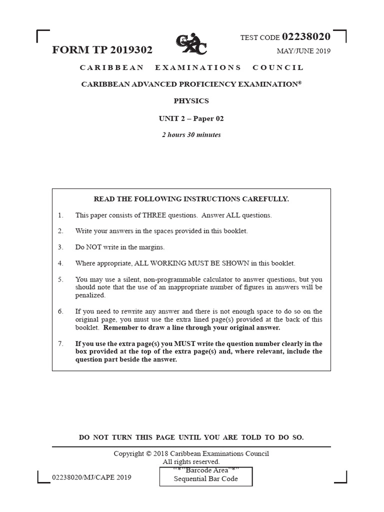 CAPE Physics Unit 2 Exam Paper 2019 | PDF | Electronvolt | Physical ...