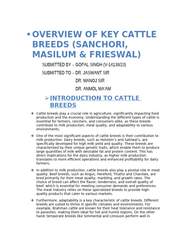 Key Cattle Breeds: Sanchori, Masilum, Frieswal | PDF | Cattle | Milk