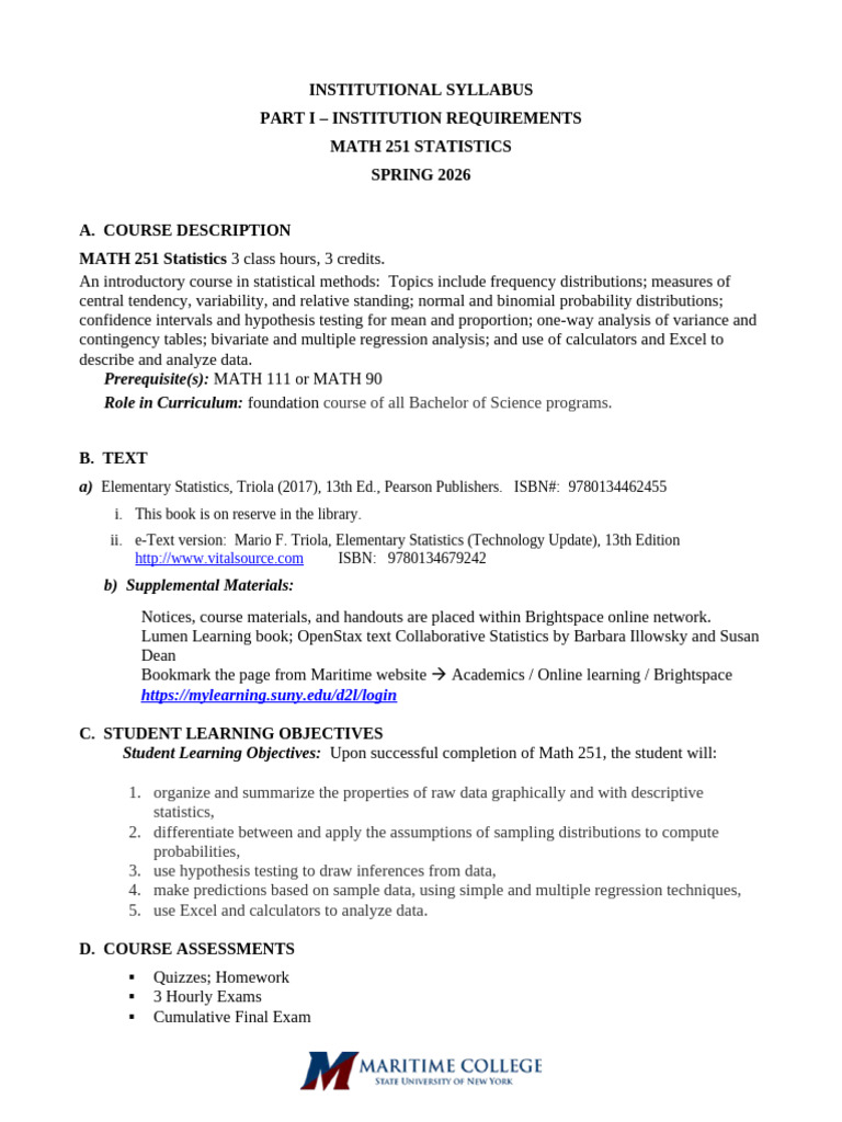 MATH 251 Statistics Syllabus Spring 2026 | PDF | Statistics | Normal ...