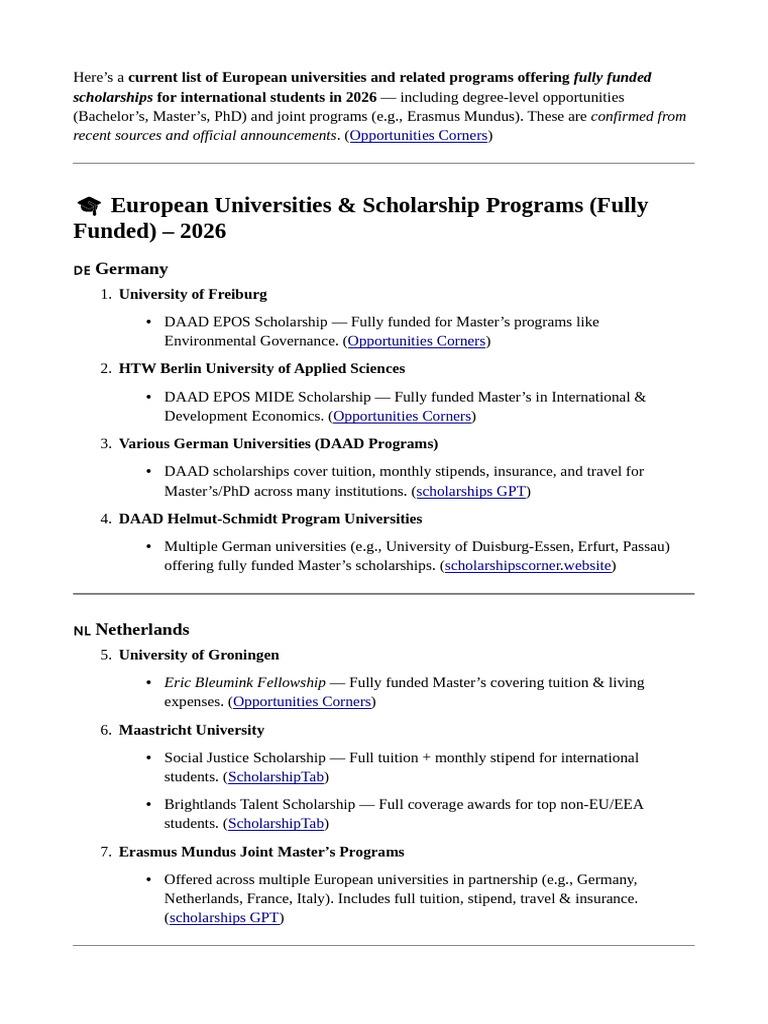 Fully Funded Scholarships in Europe 2026 | PDF | Doctor Of Philosophy