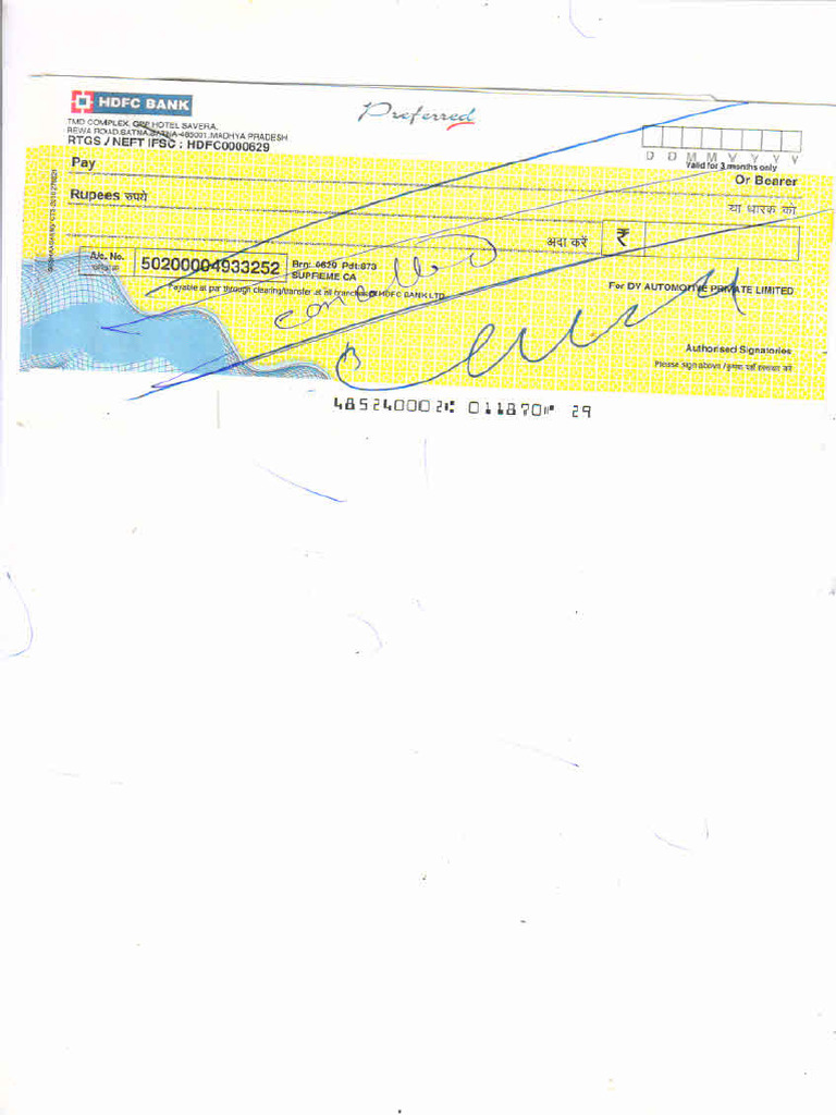 Canscil Cheque DV Automotive HDFC Bank LTD | PDF