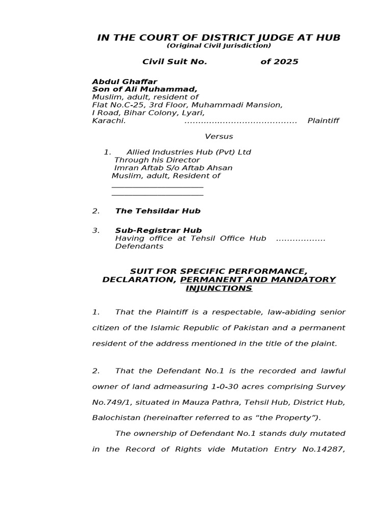 Civil Suit for Specific Performance in Hub | PDF | Lawsuit | Justice