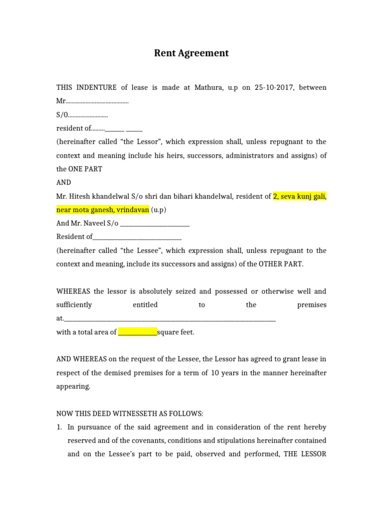 Commercial Property Rental Agreement Format | PDF | Lease | Land Law