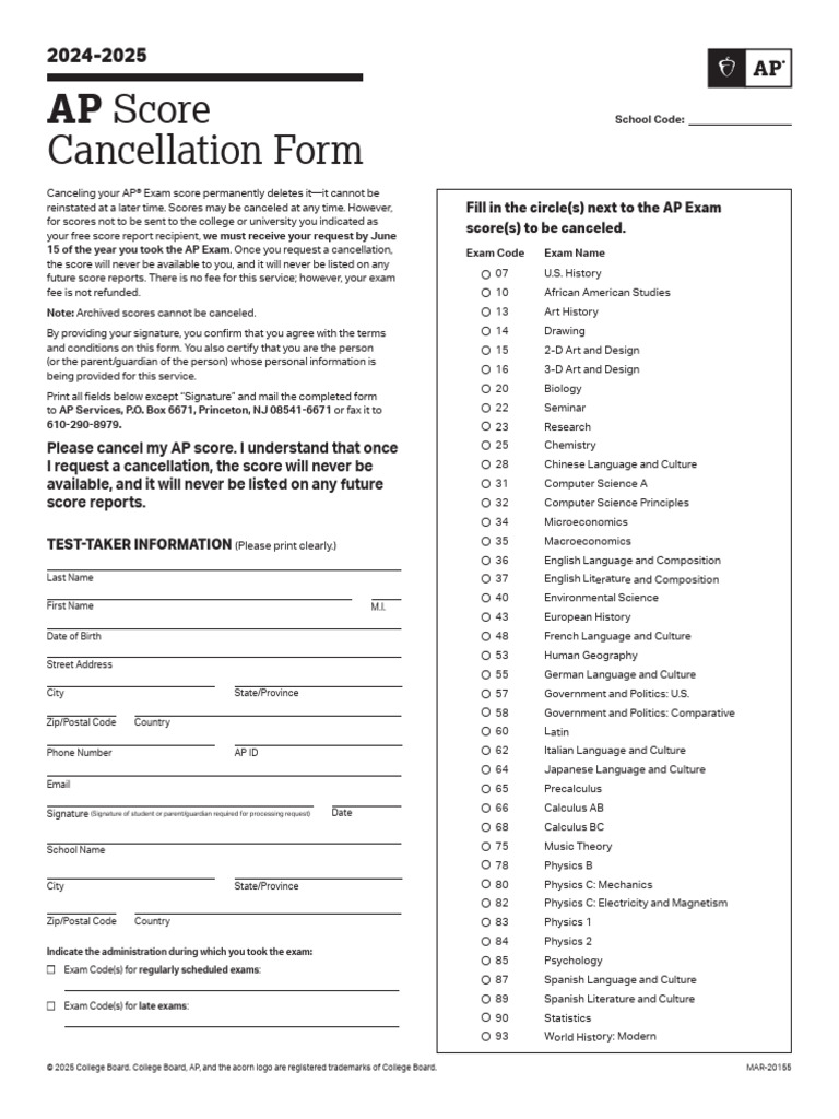 AP Exam Score Cancellation Form 2024-2025 | PDF | Advanced Placement