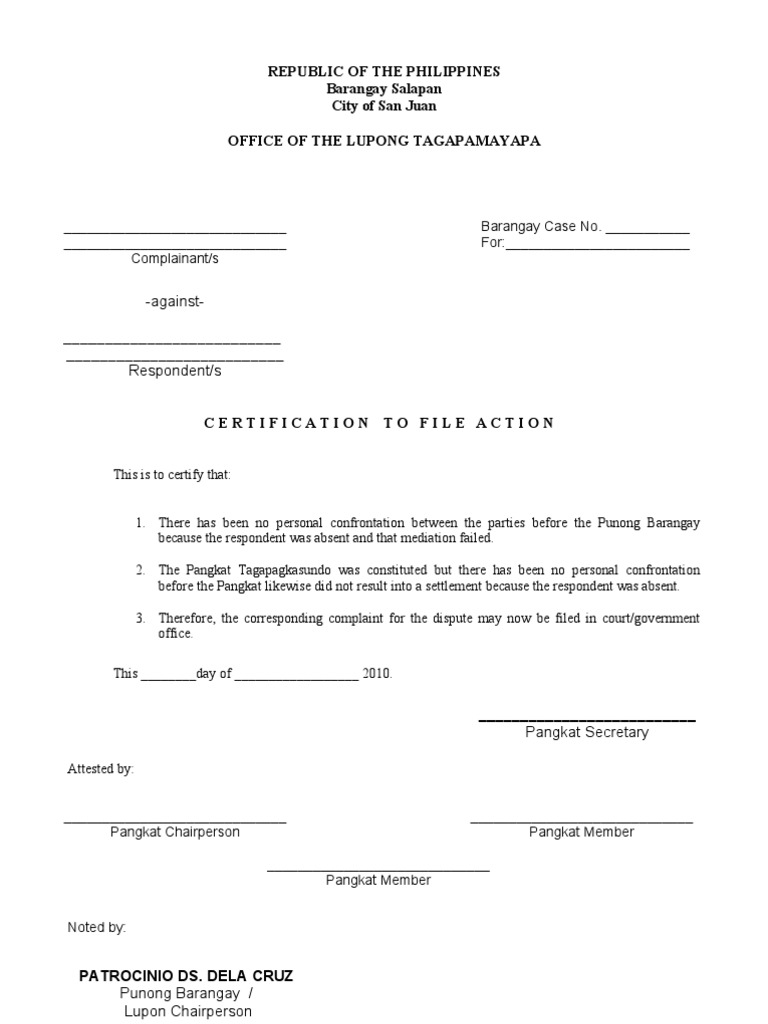 Certificate to File Action format Complaint Mediation