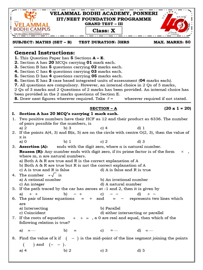 IIT/NEET Maths Grand Test III - Set B | PDF | Numbers | Equations