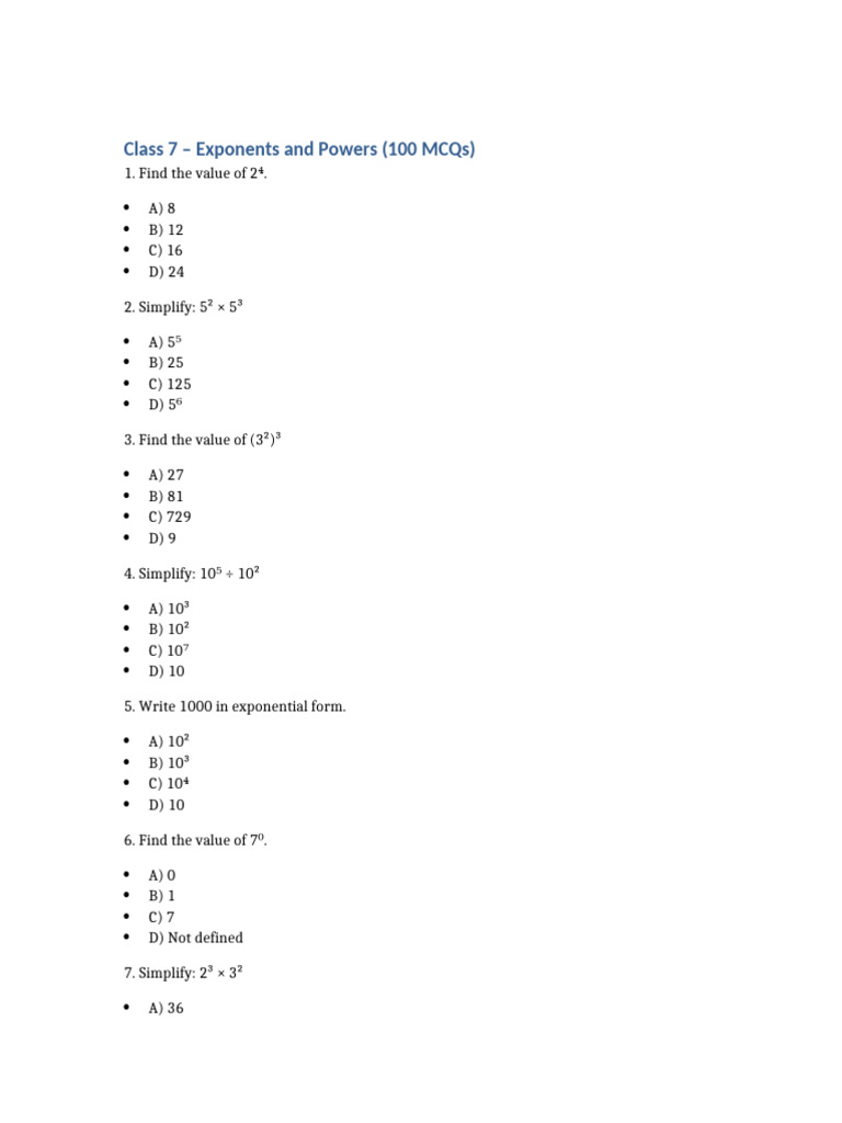 Exponents and Powers MCQs for Class 7 | PDF