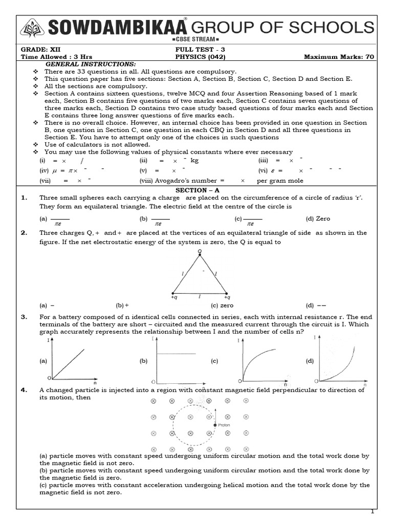 Grade 12 Physics Full Test 3 | PDF | Electron | Magnetic Field