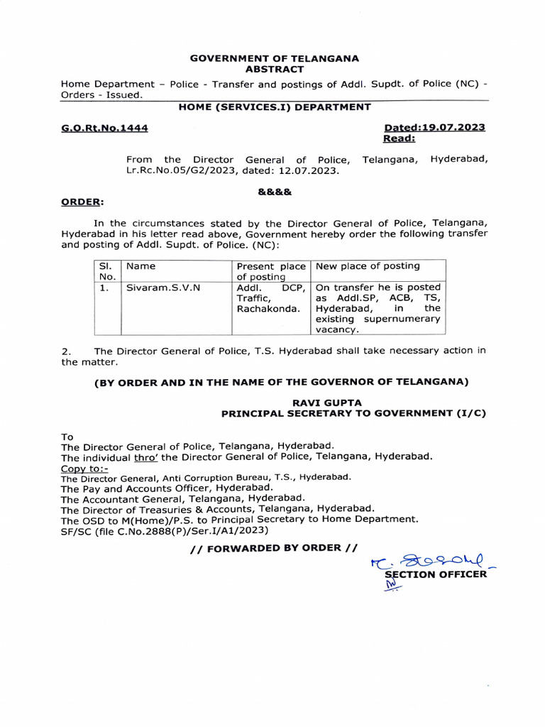 Telangana Police Transfer Orders | PDF