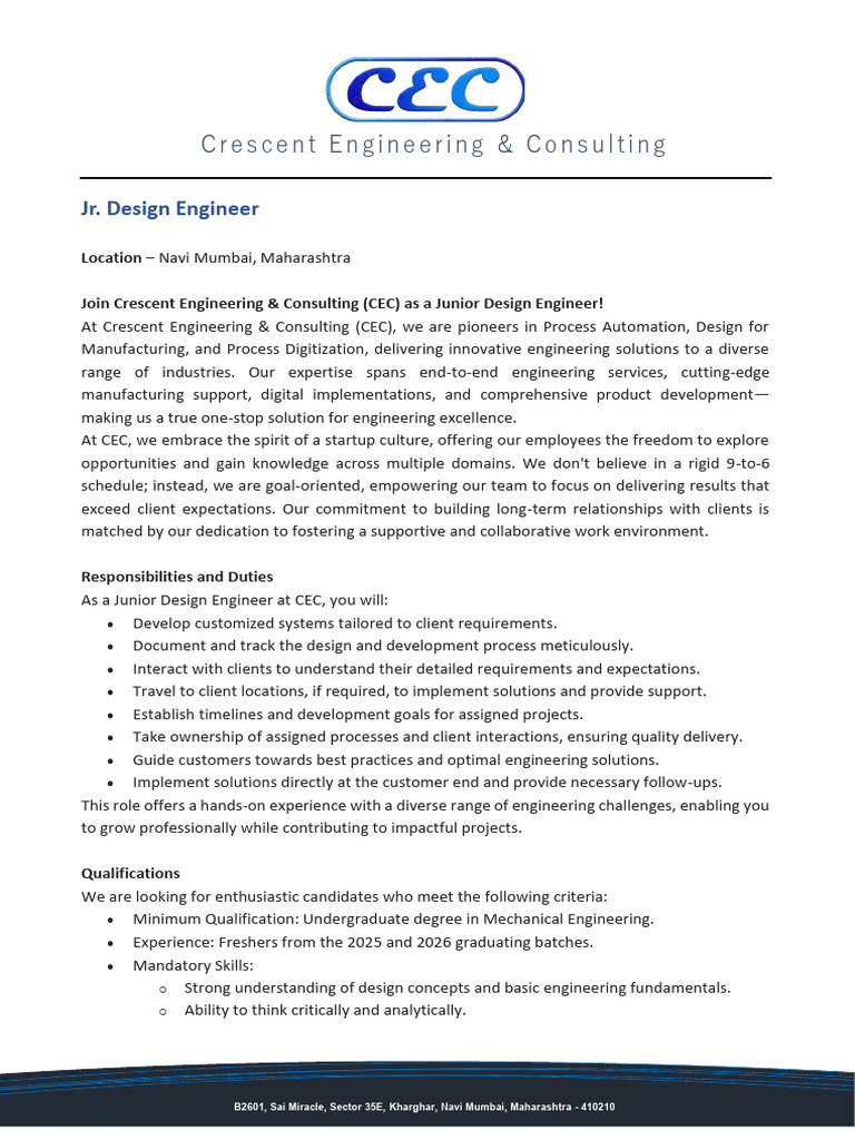 Junior Design Engineer Position in Navi Mumbai | PDF | Engineering ...