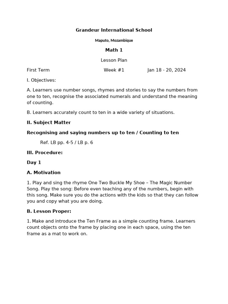 Lesson Plan 1st Week Math 1 | PDF