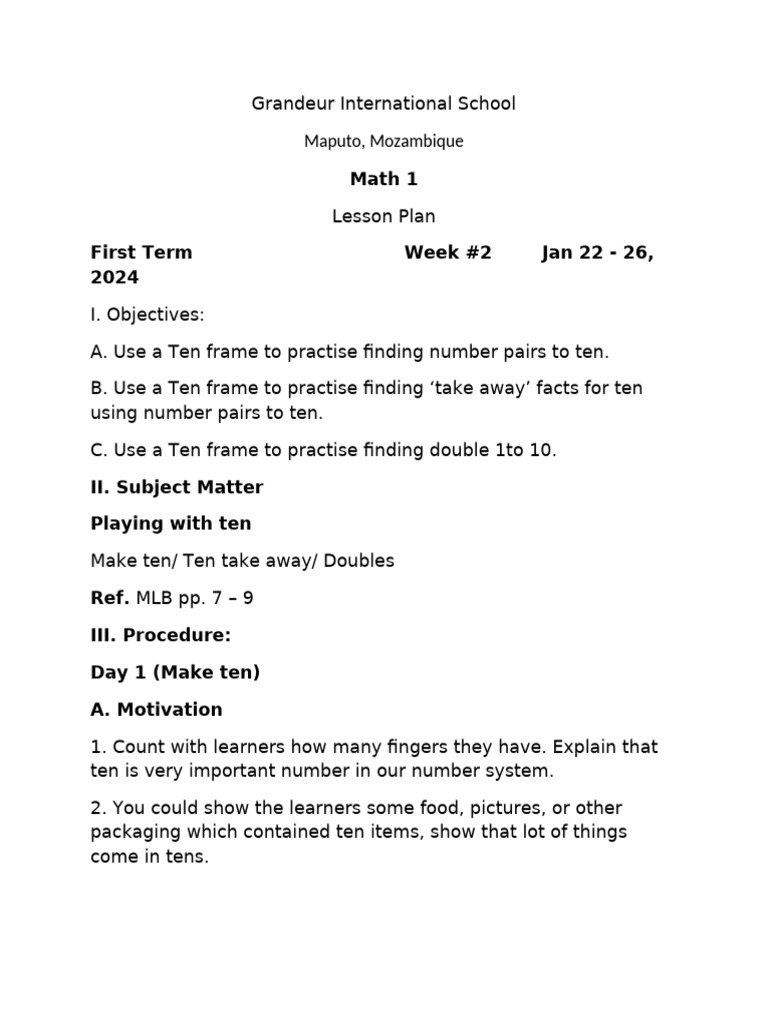 Math Lesson Plan: Ten Frames & Doubles | PDF | Numbers | Mathematics