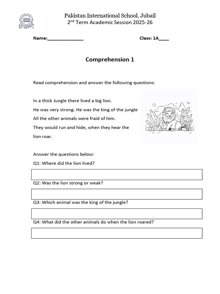 Comprehension Exercise for Class 1A | PDF