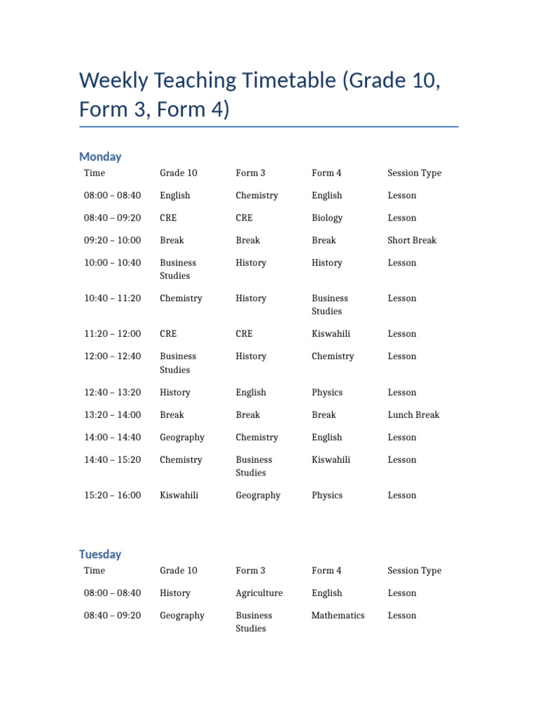 Grade 10 Weekly Teaching Schedule | PDF