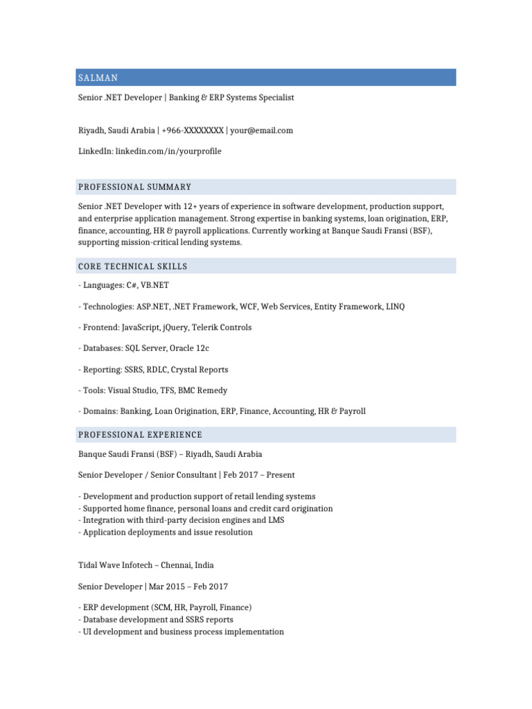 Salman Moosal Senior DotNet Developer CV | PDF