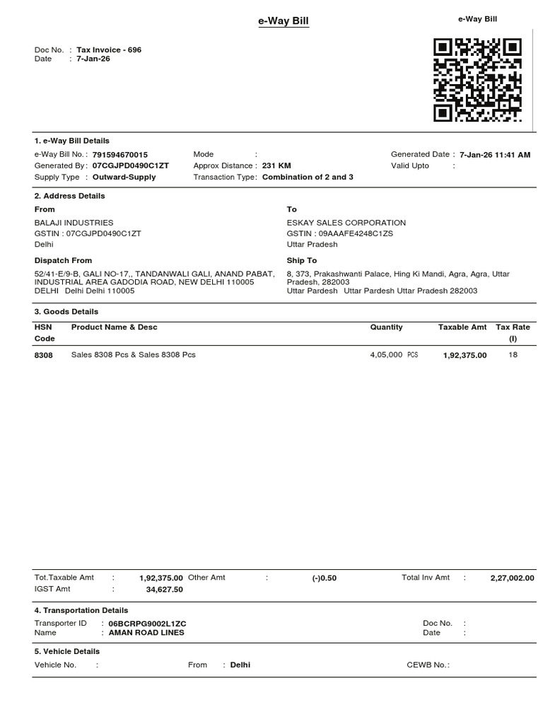 e-Way Bill Details for Tax Invoice 696 | PDF