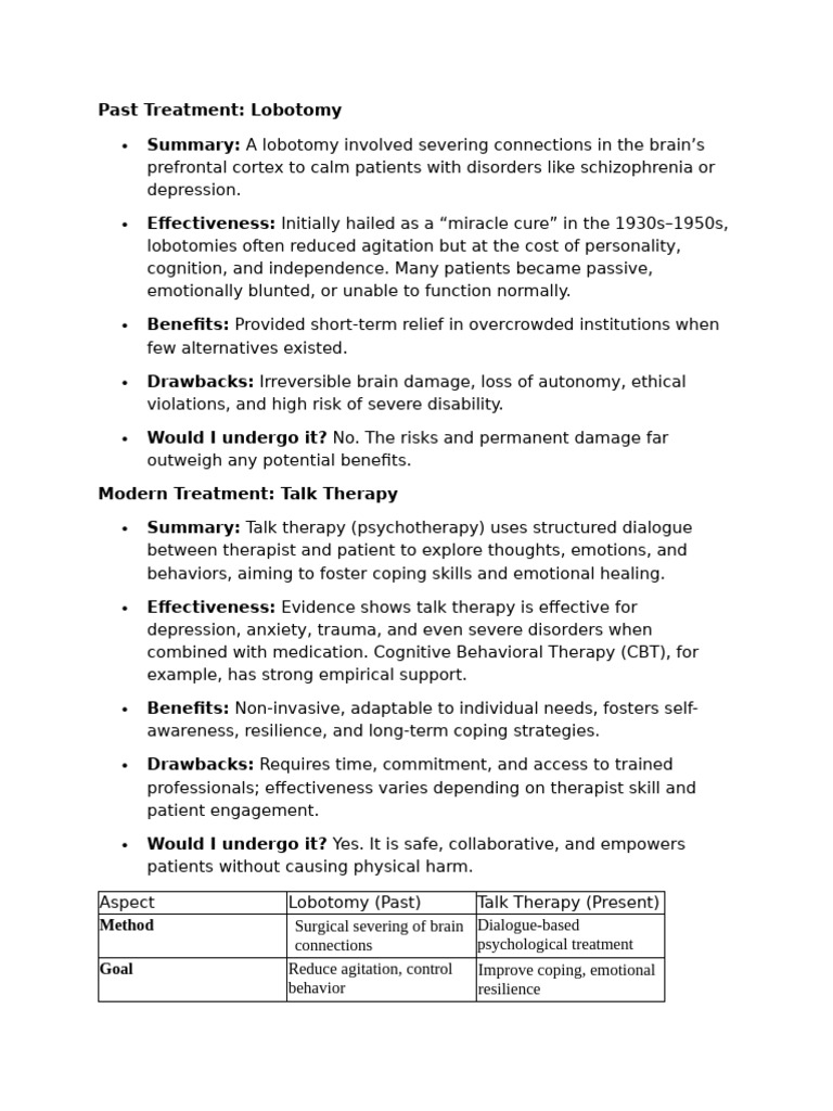Lobotomy vs. Talk Therapy: A Comparison | PDF | Psychotherapy | Major ...