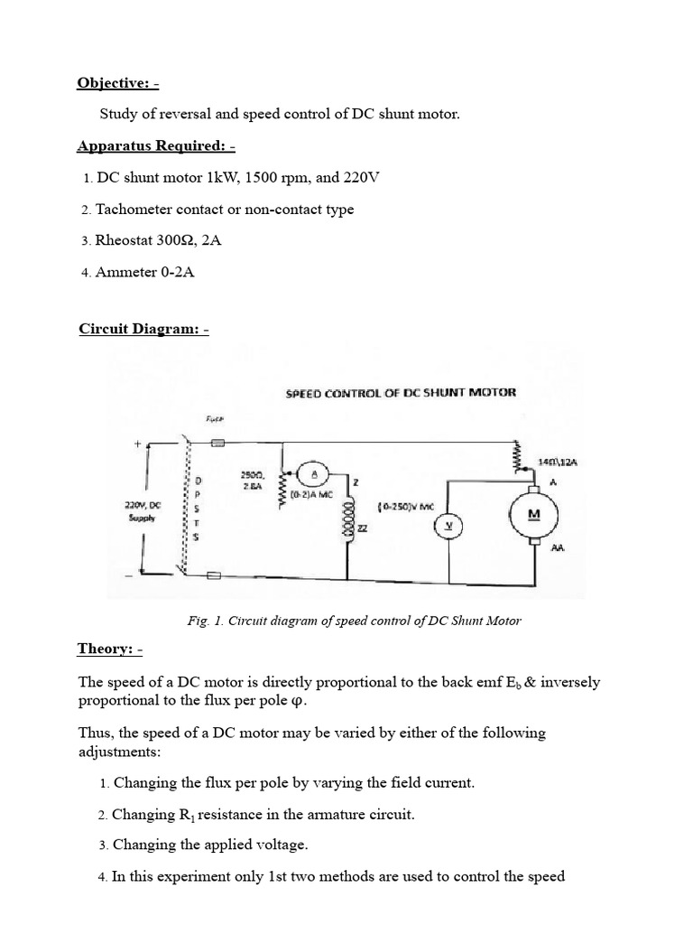 Speed Control of Dc Shunt Motor (1) | PDF