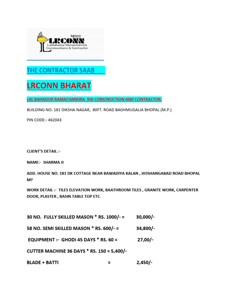Contractor Invoice for Tile and Granite Work | PDF