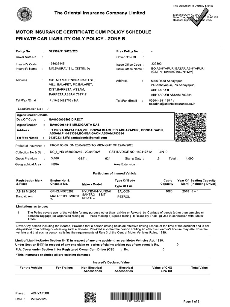 Saurav Sil Santro Insurance | PDF