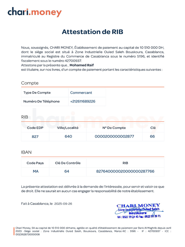 Attestation de RIB de Chari Money | PDF