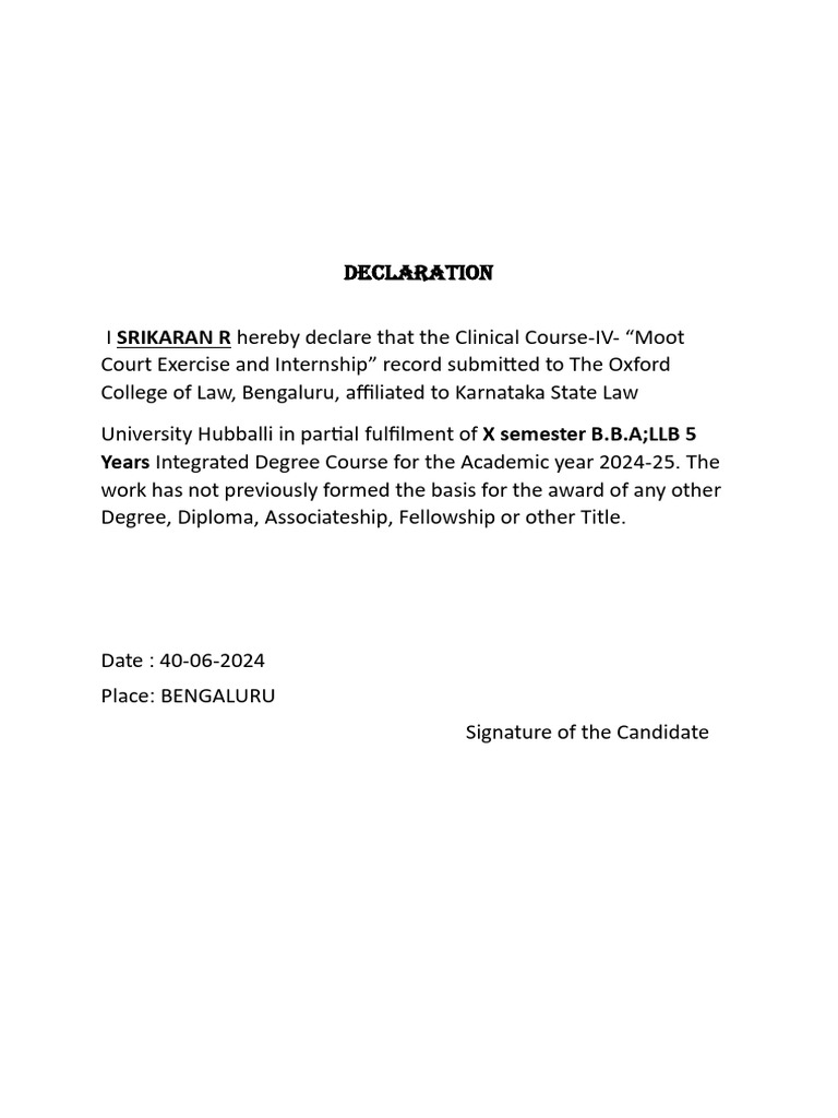 Moot Court Exercise Declaration 2024 | PDF