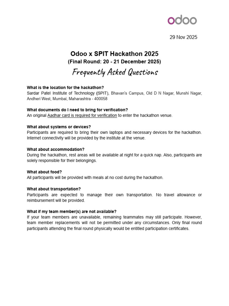 Odoo x SPIT Hackathon 2025 FAQ Guide | PDF