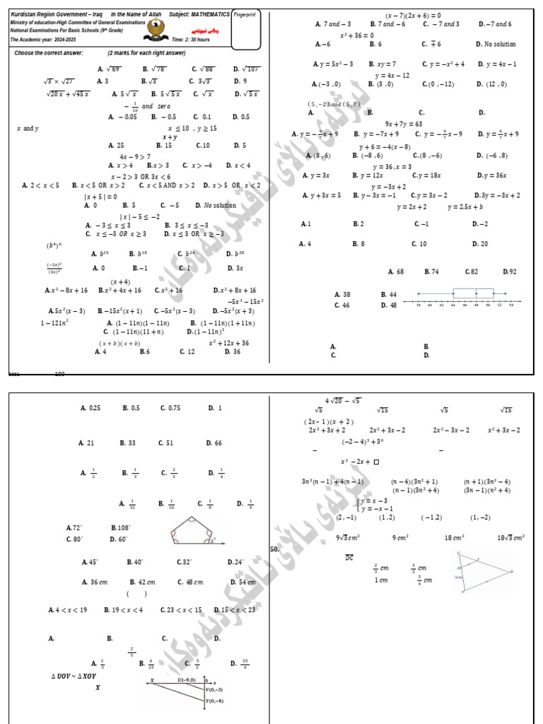 9th Grade Math Exam Questions | PDF | Equations | Mathematics