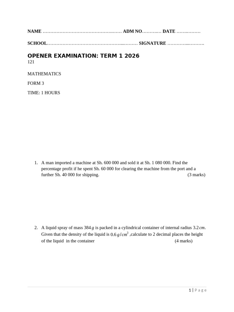 Form 3 Mathematics Exam Questions 2026 | PDF | Circle | Angle